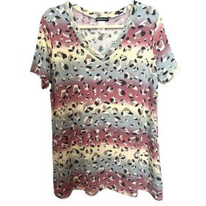 Heimish Womens Top M Relaxed V Neck Pink Blue Beige Leopard Soft Short Sleeve